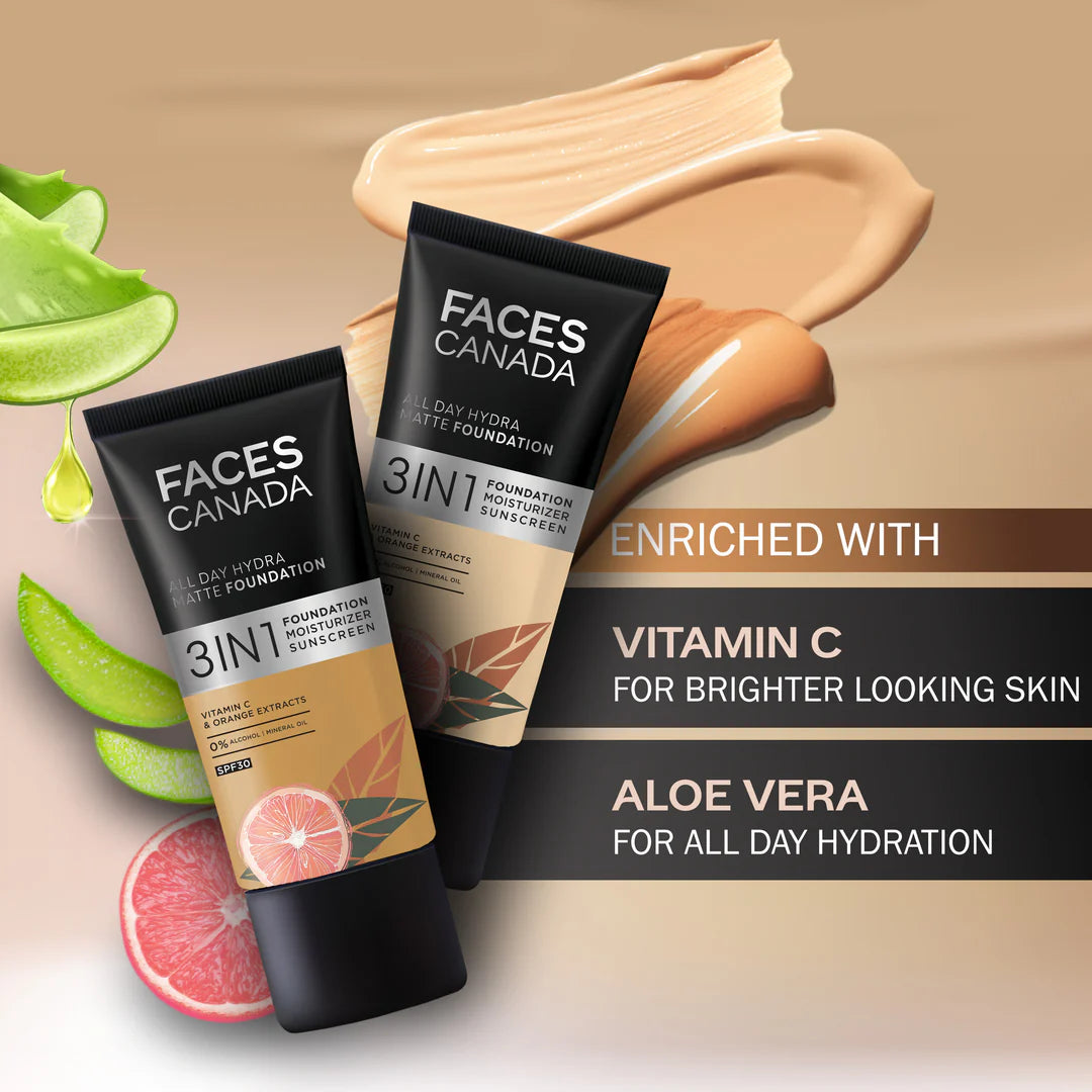 FACESCANADA All Day Hydra Matte Foundation|3-In-1 Foundation + Moisturizer Cream+Spf 30