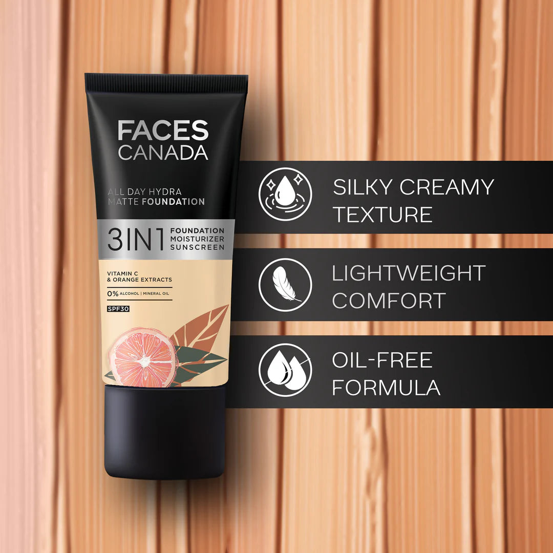 FACESCANADA All Day Hydra Matte Foundation|3-In-1 Foundation + Moisturizer Cream+Spf 30