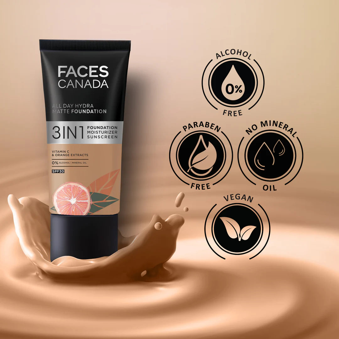 FACESCANADA All Day Hydra Matte Foundation|3-In-1 Foundation + Moisturizer Cream+Spf 30