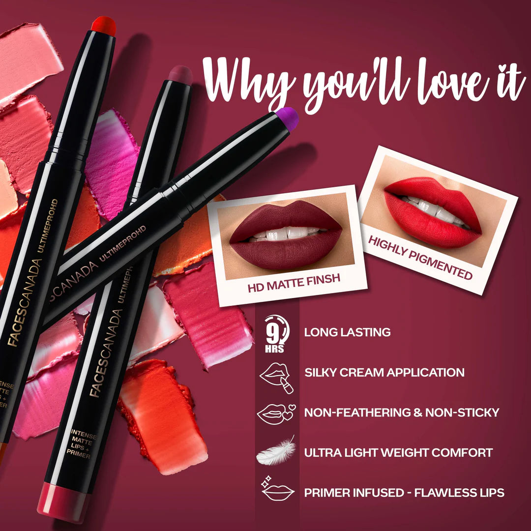 FACES CANADA Ultime Pro HD Intense Matte Lipstick + Primer | 9HR Long Stay | Flawless HD Matte Finish | Intense Color | Lightweight | Smooth Glide | Primer Infused